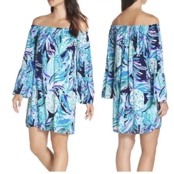 Lilly Pulitzer Nevie Off Shoulder Dress in Alotta Colada Pineapple Size XS - Picture 1 of 8